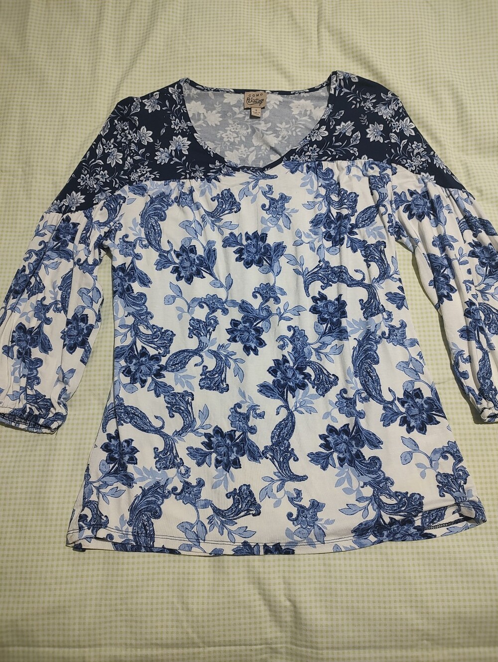 Como Vintage White Tunic with Blue Floral Yoke S